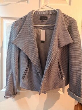 Premise Black & White Striped Open-Front Draped Jacket